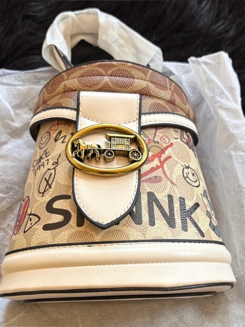 Cream and Tan Printed Bucket Bag with Gold Accent - Picture 9 of 11